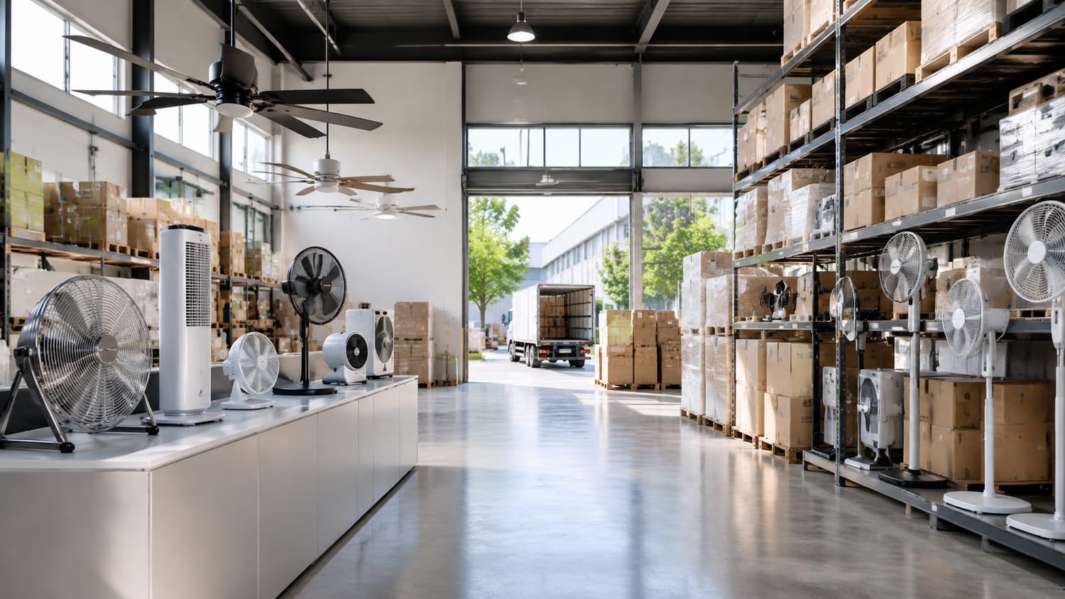 Warehouse and fan supply floor prepared for wholesale dispatch