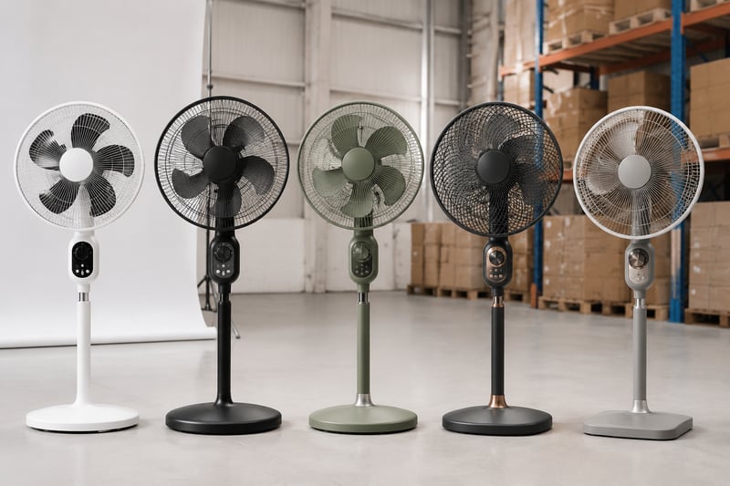 Multiple fan color and finish variants lined up for appearance customization