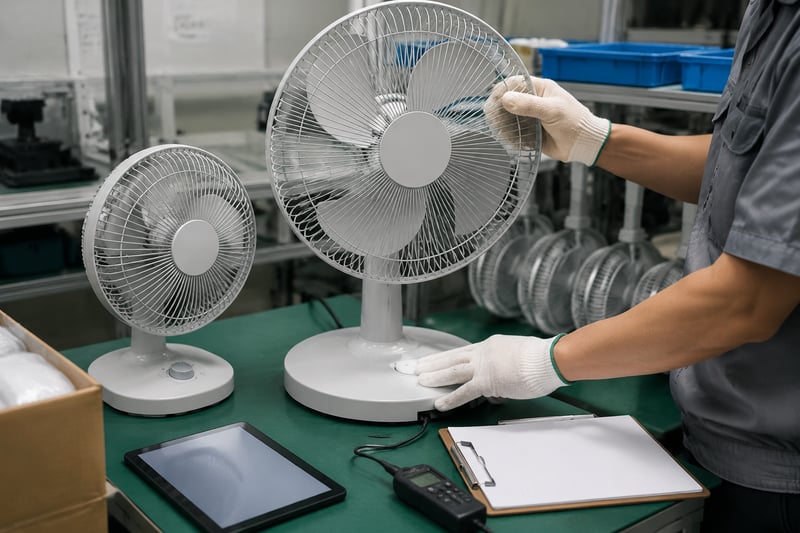 Quality check process for desk fan samples on an inspection table