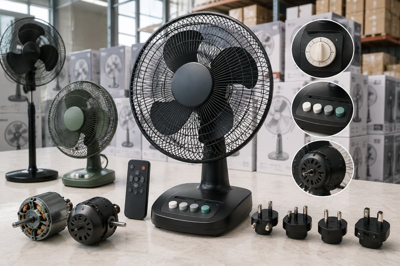 Fan control options, motors, remote, and plug variants for customization