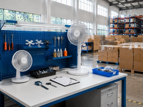 Fan inspection bench with checked products and QC tools