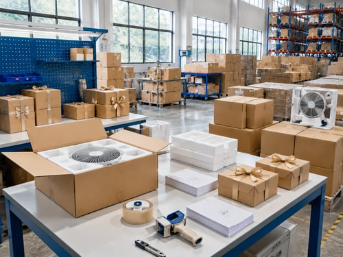 Packing station with cartons, inserts, and prepared fan components