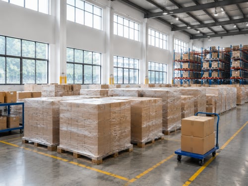 Palletized cartons grouped in a warehouse staging zone